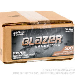 500 Rounds of 9mm Ammo by Blazer Brass - 115gr FMJ