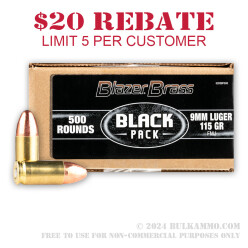 500 Rounds of 9mm Ammo by Blazer Brass Black - 115gr FMJ