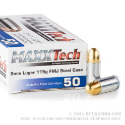 50 Rounds of 9mm Ammo by MaxxTech - 115gr FMJ
