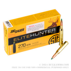 20 Rounds of .270 Win Ammo by Sig Sauer Elite Hunter - 140gr Controlled Expansion Tip