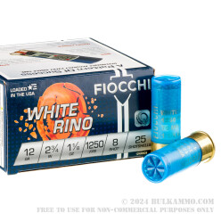 25 Rounds of 12ga White Rhino Ammo by Fiocchi - 1 1/8 ounce #8 shot