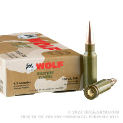 500  Rounds of 6.5mm Grendel  Ammo by Wolf Military Classic - 100 gr FMJ