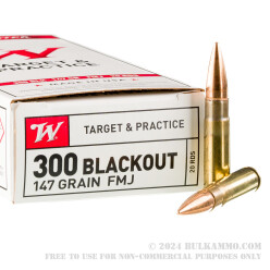 200 Rounds of .300 AAC Blackout Ammo by Winchester USA - 147gr FMJ