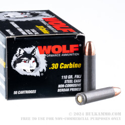 50 Rounds of .30 Carbine Ammo by Wolf - 110gr FMJ