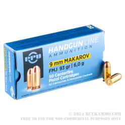 50 Rounds of 9x18mm Makarov Ammo by Prvi Partizan - 93gr FMJ