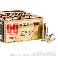 25 Rounds of 9x18mm Makarov Ammo by Hornady Critical Defense - 95gr JHP