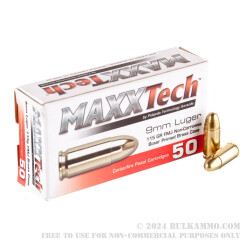 1000 Rounds of 9mm Ammo by MAXXTech Brass - 115gr FMJ