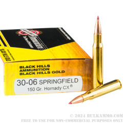 20 Rounds of 30-06 Springfield Ammo by Black Hills Gold - 150gr CX