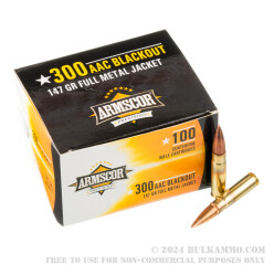100 Rounds of .300 AAC Blackout Ammo by Armscor - 147gr FMJ
