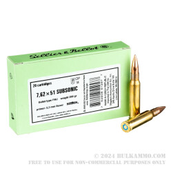 20 Rounds of 7.62x51 Ammo by Sellier & Bellot Subsonic - 200gr FMJ