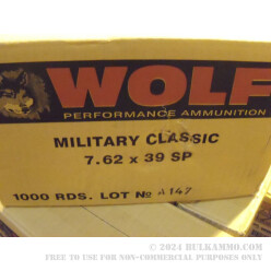 1000 Rounds of 7.62x39mm Ammo by Wolf - 154gr SP