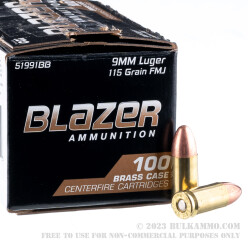 500 Rounds of 9mm Ammo by Blazer Brass - 115gr FMJ