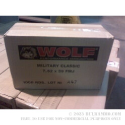 1000 Rounds of 7.62x39mm Ammo by Wolf - 124gr FMJ
