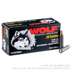1000 Rounds of .30 Carbine Ammo by Wolf - 110gr FMJ