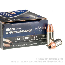 25 Rounds of 9mm Ammo by Fiocchi - 124gr JHP