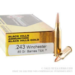 20 Rounds of .243 Win Ammo by Black Hills Gold Ammunition - 85gr TSX