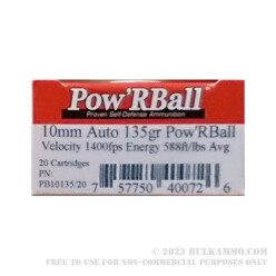 20 Rounds of 10mm Ammo by Corbon - 135gr PowR Ball