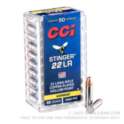 50 Rounds of .22 LR Stinger Ammo by CCI - 32 gr CPHP