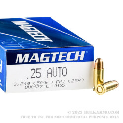 50 Rounds of .25 ACP Ammo by Magtech - 50gr FMJ