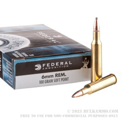 20 Rounds of 6 mm Rem Ammo by Federal - 100gr SP