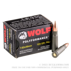1000 Rounds of 7.62x39mm Ammo by Wolf WPA Polyformance - 123gr FMJ