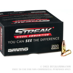 200 Rounds of 9mm Ammo by Ammo Inc. Streak - 124gr TMJ Non-Incendiary Visual Tracer