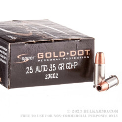 20 Rounds of .25 ACP Ammo by Speer - 35 gr JHP