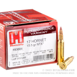 25 Rounds of .17 Hornet Ammo by Hornady - 15.5gr NTX Polymer Tip