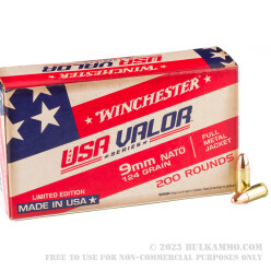 1000 Rounds of 9mm NATO Ammo by Winchester USA VALOR - 124gr FMJ