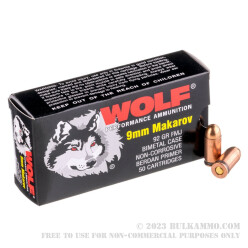 50 Rounds of 9x18mm Makarov Ammo by Wolf - 92gr FMJ