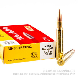 20 Rounds of 30-06 Springfield Ammo by Sellier & Bellot - 168gr HPBT