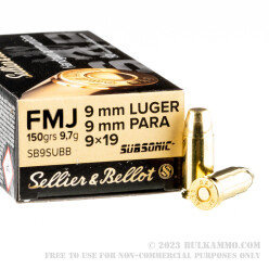 1000 Rounds of 9mm Ammo by Sellier & Bellot - 150gr Subsonic FMJ