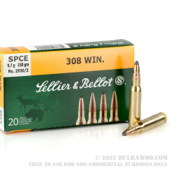 20 Rounds of .308 Win Ammo by Sellier & Bellot - 150gr SPCE