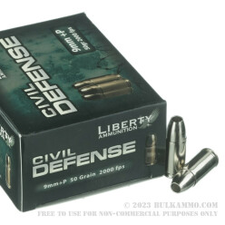 20 Rounds of 9mm + P Ammo by Liberty Civil Defense Ammunition - 50gr SCHP
