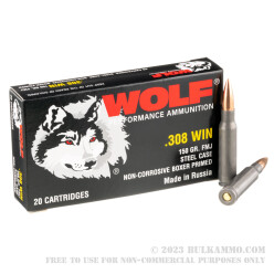 20 Rounds of .308 Win Ammo by Wolf Performance - 150gr FMJ