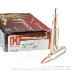 20 Rounds of .308 Win Ammo by Hornady Superformance - 150gr GMX