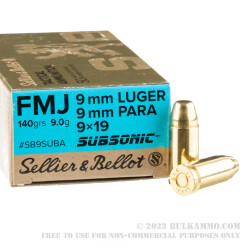 1000 Rounds of 9mm Subsonic Ammo by Sellier & Bellot - 140gr FMJ