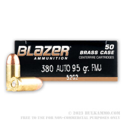 50 Rounds of .380 ACP Ammo by Blazer Brass - 95gr FMJ