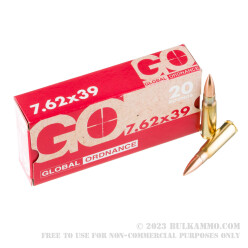 20 Rounds of 7.62x39 Ammo by Global Ordnance - 123gr FMJ