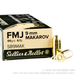 1000 Rounds of 9x18mm Makarov Ammo by Sellier & Bellot - 95gr FMJ