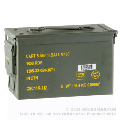 1000 Rounds of 5.56x45 Ammo by Magtech/CBC in Ammo Can - 55 gr FMJ **Surplus Ammo - Manufactured early 2000's**
