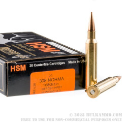 308 HSM Norma Magnum 168gr. Berger HPBT Hunting VLD - 20 Rounds