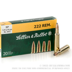20 Rounds of .222 Rem Ammo by Sellier & Bellot - 50gr SP
