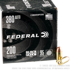 200 Rounds of .380 ACP Ammo by Federal Black Pack - 95gr FMJ
