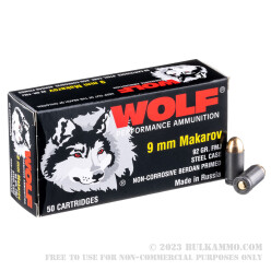 1000 Rounds of 9mm Makarov Ammo by Wolf - 92gr FMJ