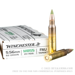 20 Rounds of 5.56x45 Ammo by Winchester - 62gr FMJ M855