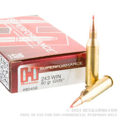 20 Rounds of .243 Win Ammo by Hornady Superformance - 80gr GMX