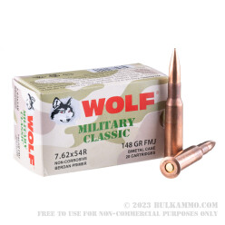 500 Rounds of 7.62x54r Ammo by Wolf Military Classic - 148gr FMJ