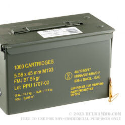 1000 Rounds of 5.56x45 Ammo by Prvi Partizan - 55gr FMJBT - Ammo Can
