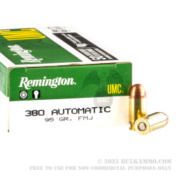 50 Rounds of .380 ACP Ammo by Remington UMC- 95gr MC